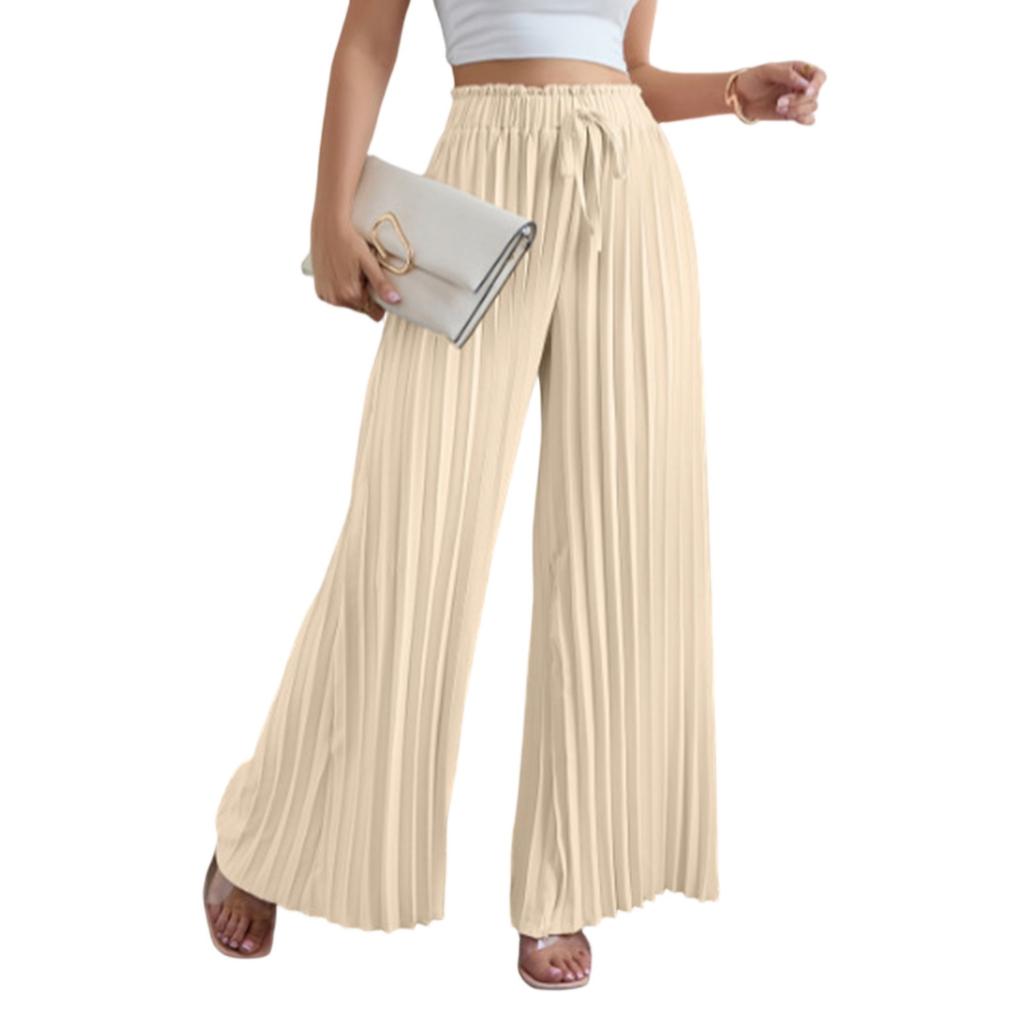 Women's Color Pleated Elastic Waist Tie Loose Wide-leg Pants