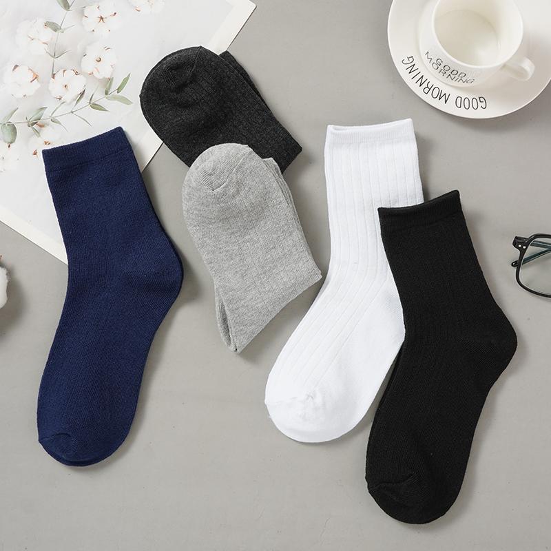 10 Pairs Men's Cotton Striped Socks Breathable All Season Solid Color Business Warm Knit Middle Tube High Quality Socks