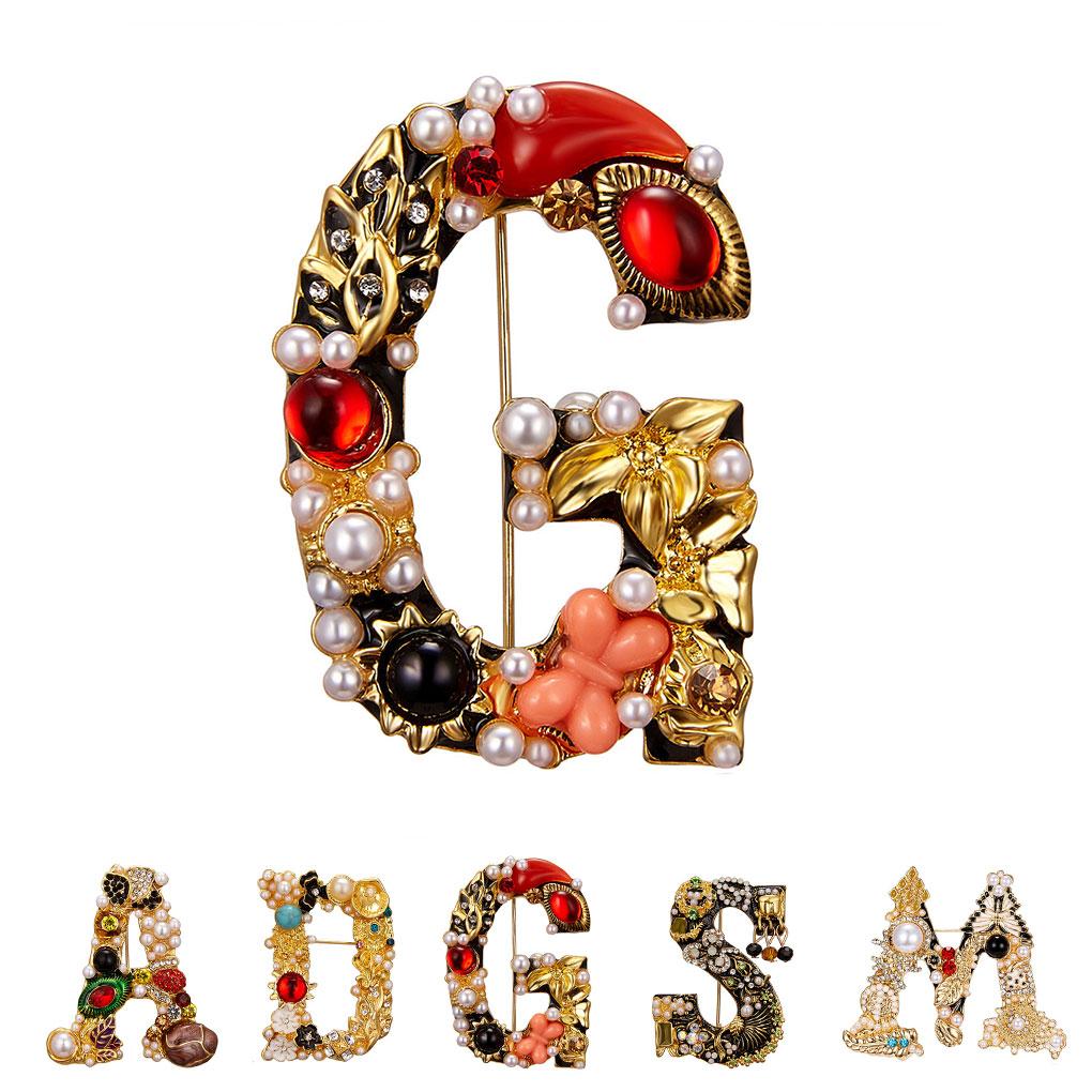 Letter Shaped Brooch Scarf Clothes Decorative Brooch Breast Pin Pearl Rhinestone Badge Jewelry A