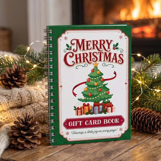 Guarda Memoria Portátil para Efectivo Tarjeta de Regalo de Navidad Libro, 7" x 5" Encuadernado en Espiral Feliz DIY Folleto de Libro de Felicitaciones Personalizado, Álbum, Fiesta de Navidad