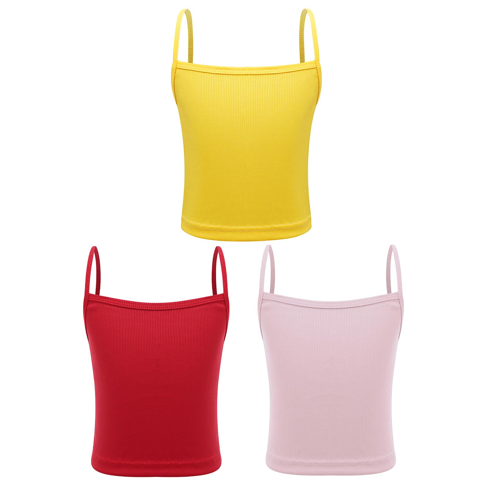 

Girls Ribbed Camisole Undershirt Solid Color Spaghetti Straps Sleeveless Crop Top Vest Sports Dance 3Pcs Set 12-14 Years