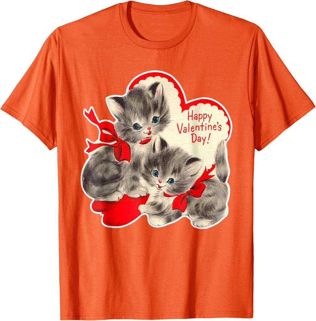 Vintage Kitten Valentine Graphic T-Shirt Retro Holiday Print Soft Cotton Casual Daily Tee