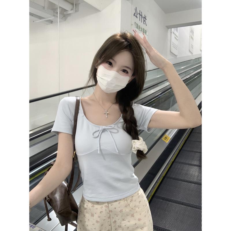 Spring/Summer Korean Style Slim-Fit Bow Tie Lace-Up Short-Sleeved T-Shirt for Women