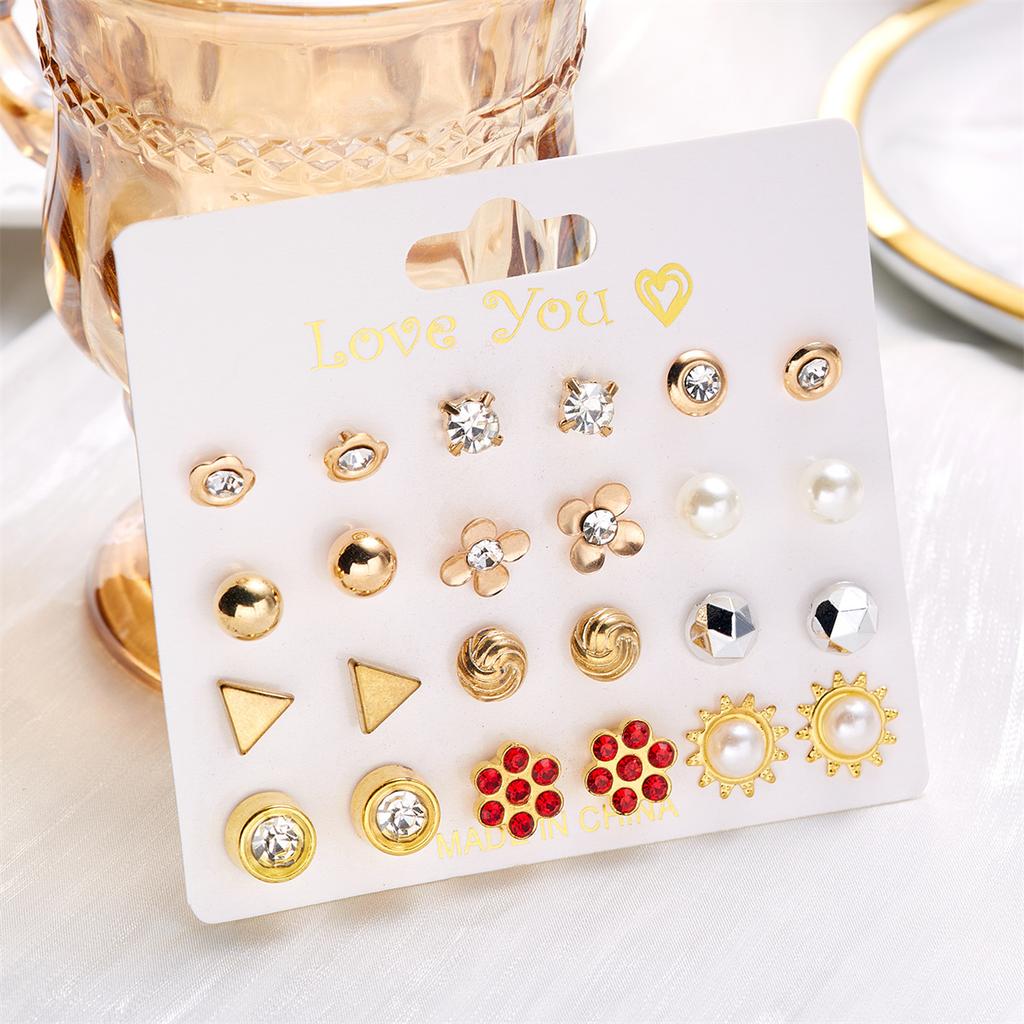 12Pairs/Set Fashion Geometric Stud Earrings Set For Women Love Heart Bowknot Rose Flower Star Moon Pearl Earrings Party Jewelry