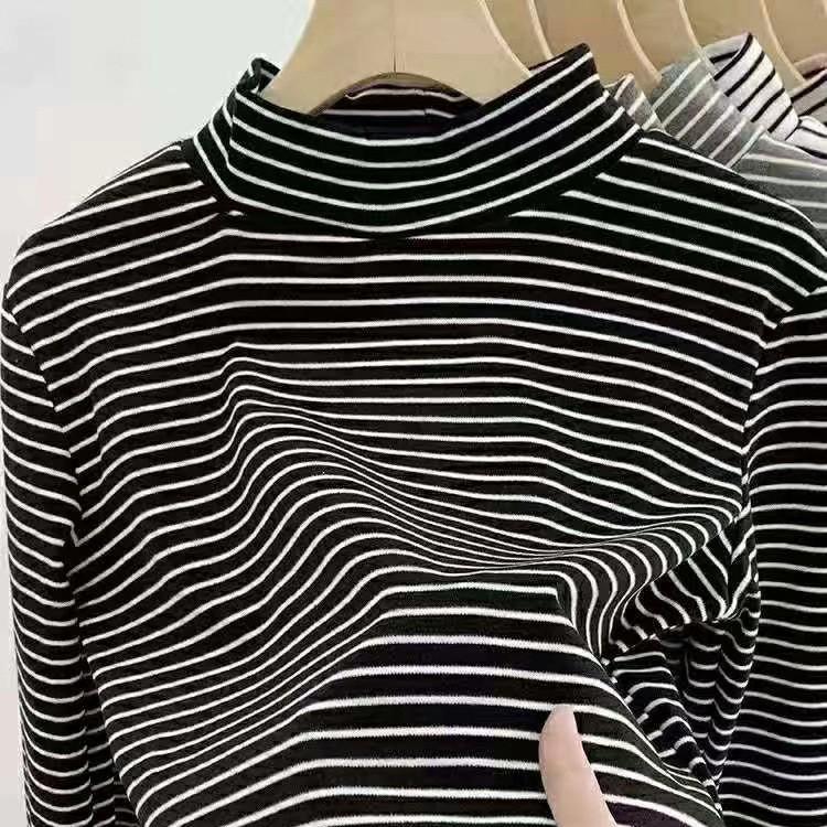 

Женский полосатый велюровый пуловер со средней горловиной - Осенне-зимняя теплая приталенная рубашка с длинным рукавом One Size (fits 80-140 kg) глубокий/чёрный