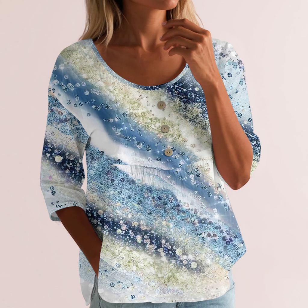 Women's Fashion Casual Three-quarter Sleeve Loose Round Neck Button Floral Print Top