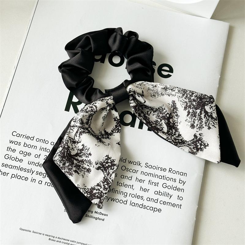 New Chinese Fashion Black White Flower Print Bow Ribbon Hair Ties Rope Rings Women Scrunchies Ponytail Elastic Hair Hairbands