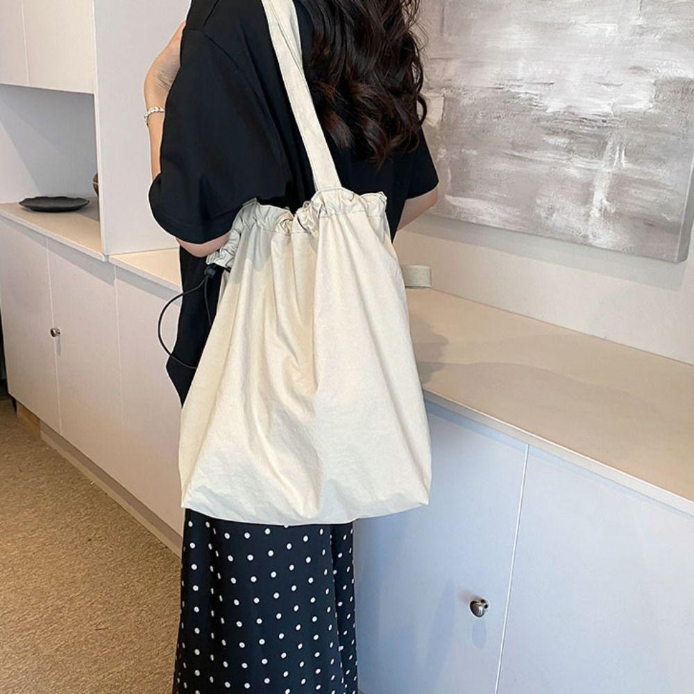 Solid Color Shopping Bag Washable Canvas Handbag Casual Drawstring Tote Bag  Ladies