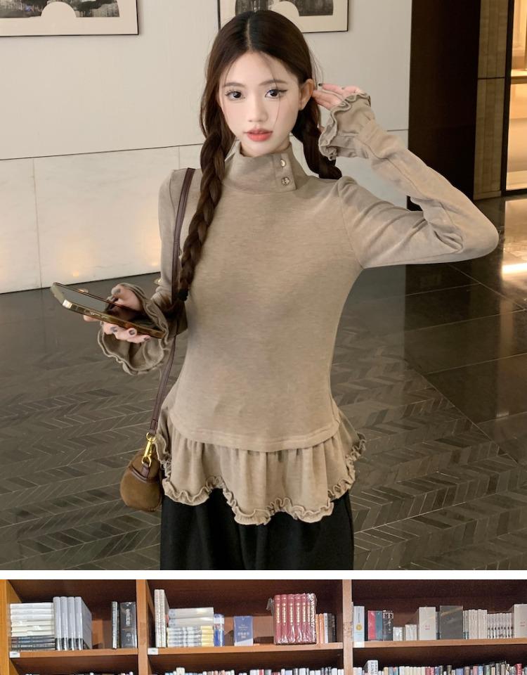 Korean Style Slimming Ruffle Turtleneck Women's T-Shirt for Autumn/Winter