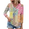 Womens 3/4 Sleeve Daily Weekend V Neck Casual Printed Tshirts Loose Fit Pleated Tees Button Down Shirts