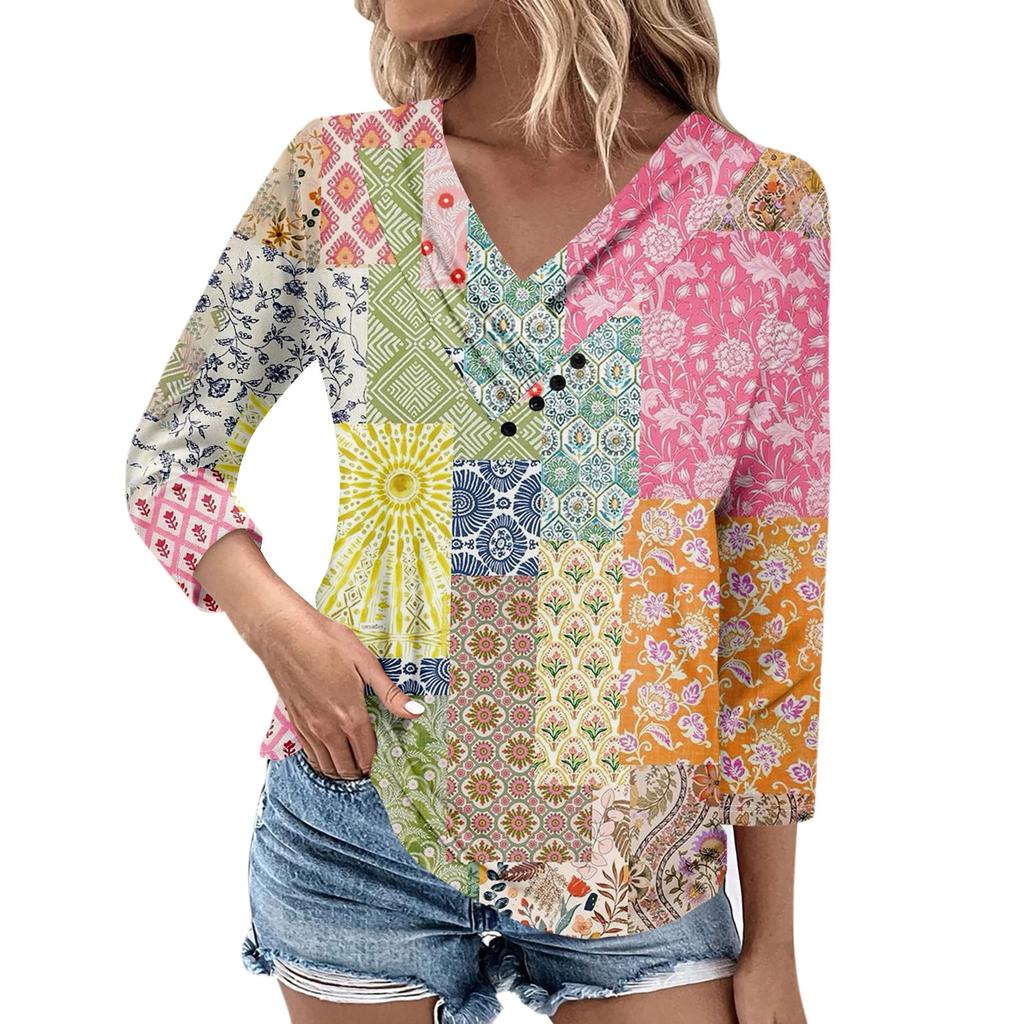 Womens 3/4 Sleeve Daily Weekend V Neck Casual Printed Tshirts Loose Fit Pleated Tees Button Down Shirts