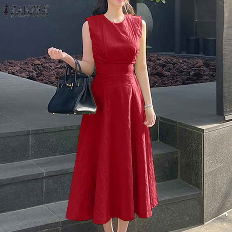 

ZANZEA Летнее повседневное женское длинное платье без рукавов с круглым вырезом