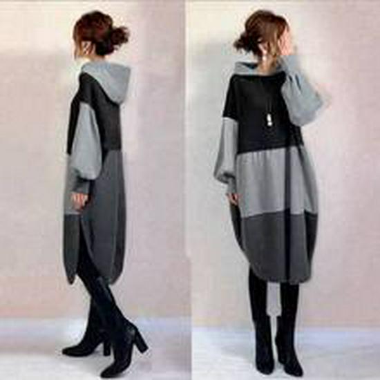 2026 Spring New High Neck Color Block Pocket Long Sleeve Dress
