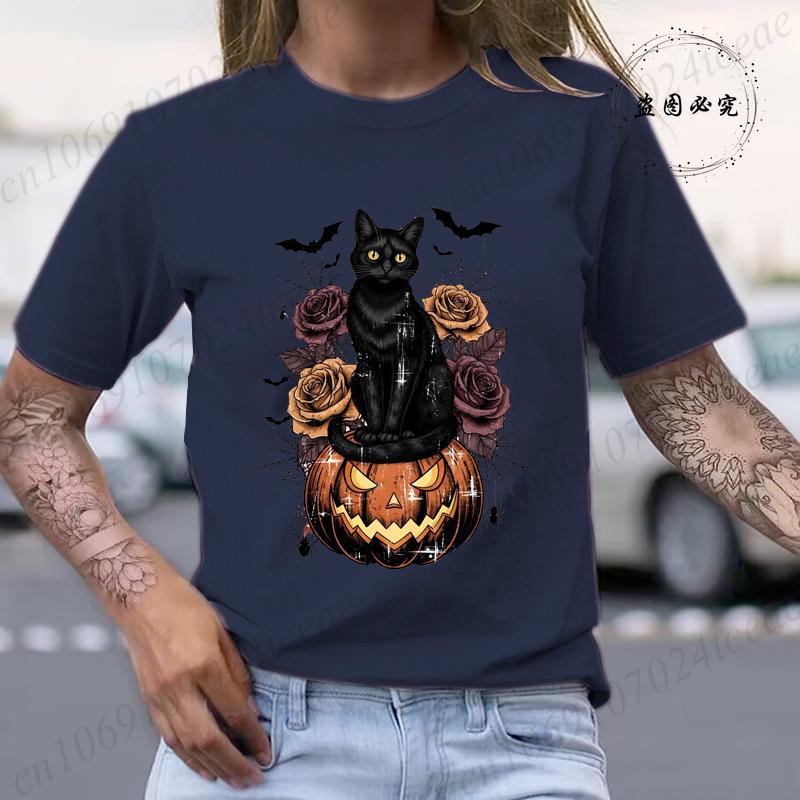 Halloween Skull Bow Pumpkin Shirt Funny Retro Black Cat Tee TShirts Spooky Season Graphic T Shirt for Unisex Short Sleeve Tops