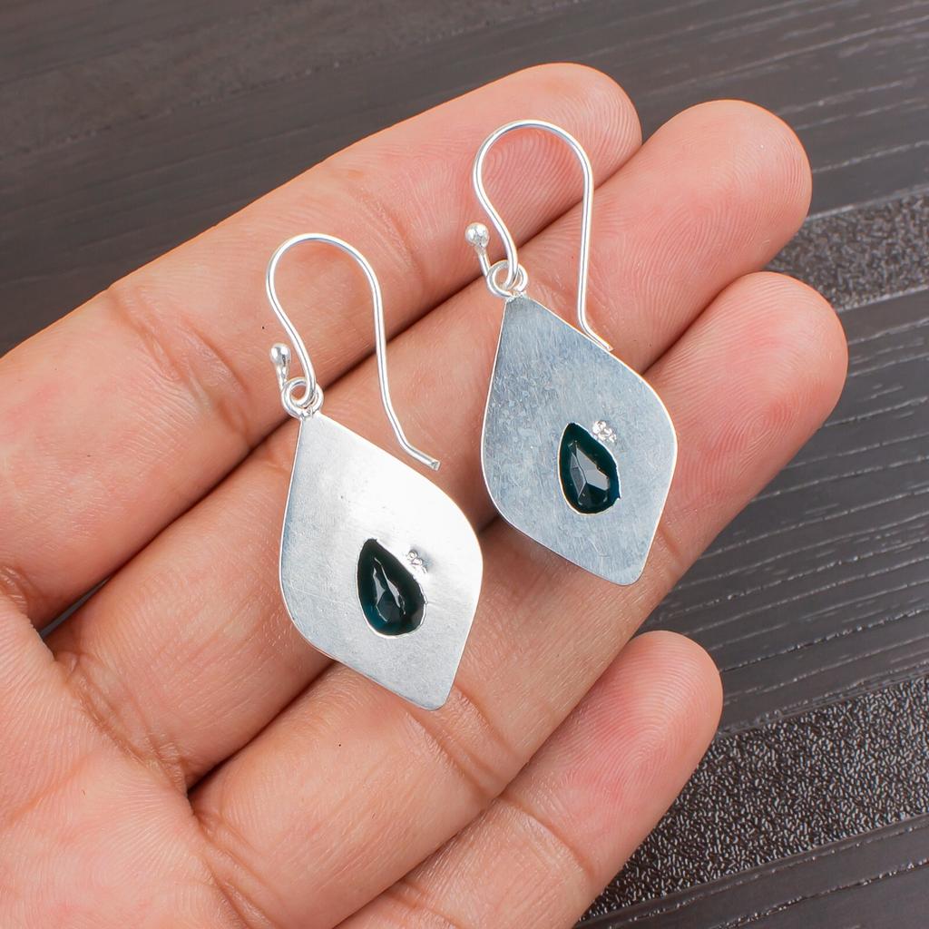 925 Stamped Silver Apatite Gemstone Jewelry Hook Earrings 1.90" For Mothers' Day EE-35-12