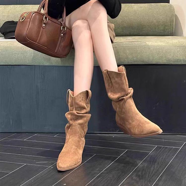 2025 Autumn/Winter Men's Suede Chunky Heel Pointed Toe Boots - Mid-Heel Ankle, Mid-Calf, High-Heel Slouch, Western Cowboy Styles