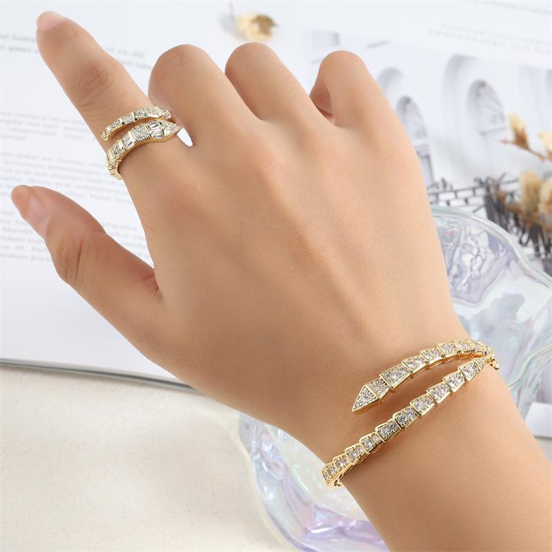 ZAKOL Luxury Shiny AAA Cubic Zirconia Snake Bone Bangles Rings Set for Women Sliver Color Wedding Party Jewelry Set