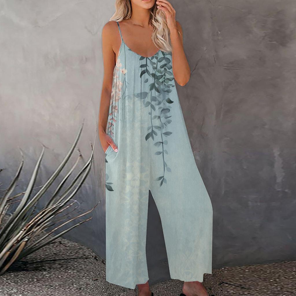 Women's Printed Jumpsuit Casual Loose Adjustable Suspender Jumpsuit