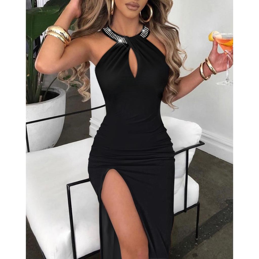 Women's Halter Sleeveless Maxi Dress Bodycon Mid Rise Elegant Rhinestone Slit Party Dress