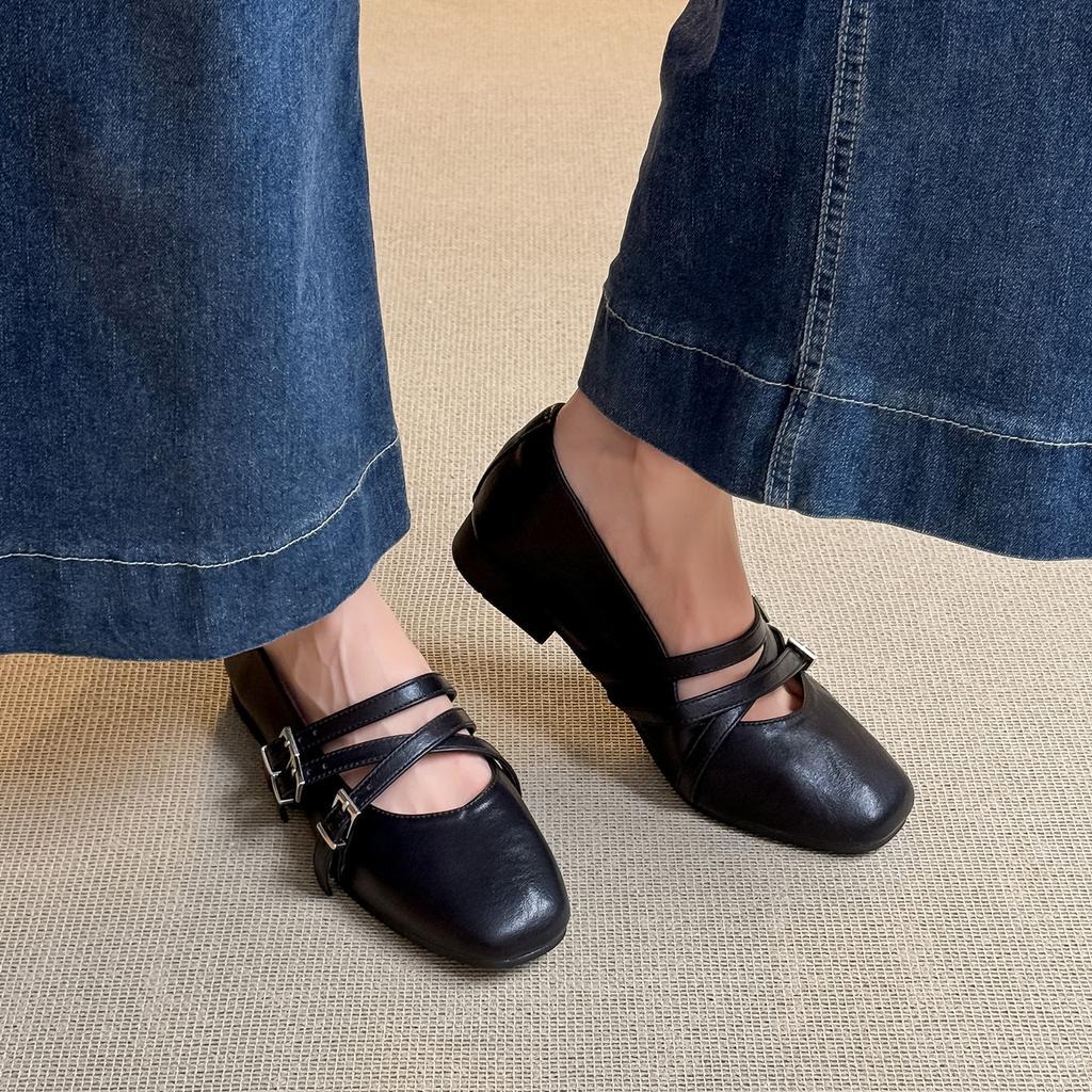Sheepskin version~ large size women's shoes new retro square head thick heel single shoes women, shallow mouth fashion versatile Mary Jane shoes women