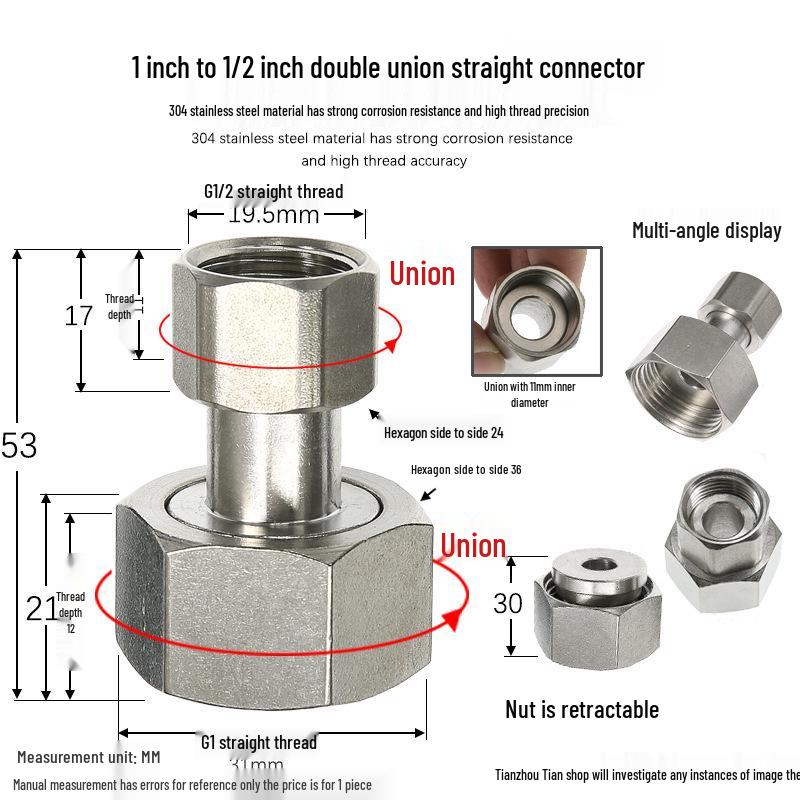 304 Stainless Steel Swivel Union Female Thread Pipe Fitting, Double Female Thread, 6 Points, 4 Points, 1 Inch, for Water Meter/Pump