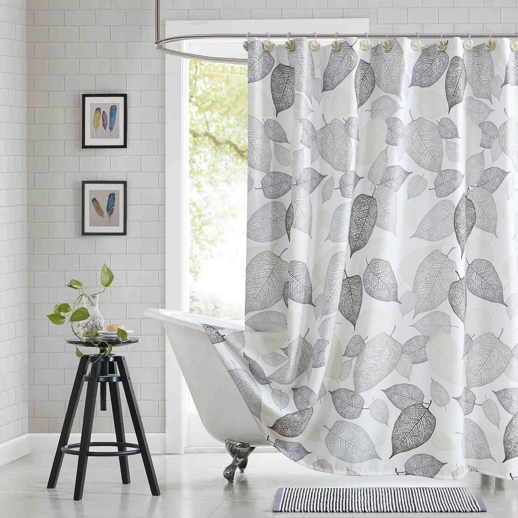 Floral Pattern Fabric Shower Curtain, Beige Gray Plant Bathroom Shower Curtain, Waterproof Bathroom Shower Curtain Curtain