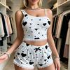 Women's Lace Trim Cami Pajama Set 2 Piece Ribbed Crop Top And Shorts Pjs Sets Heart Print Summer Casual Sleepwear