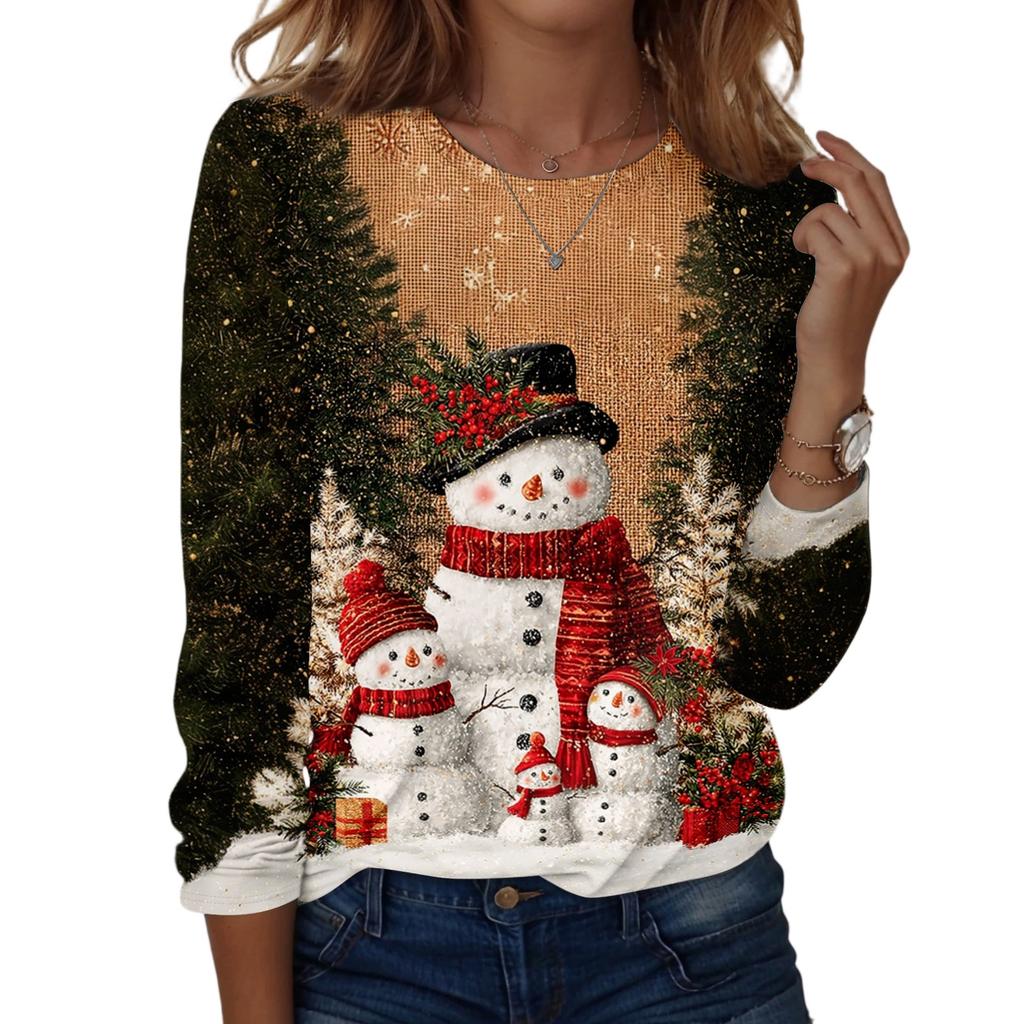 Women's Casual Long Sleeve Christmas Print Round Neck Top