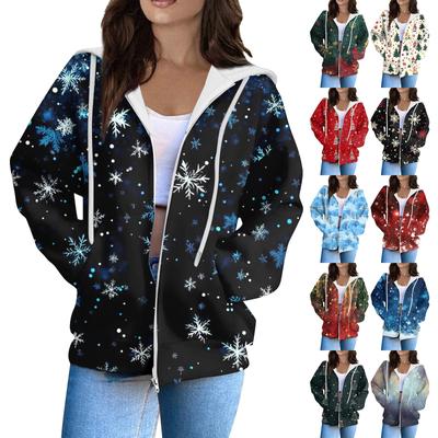 Damenmode Casual Weihnachtsdruck Langarm Sweatshirt Tasche Jacke Reißverschluss Hoodie Mantel