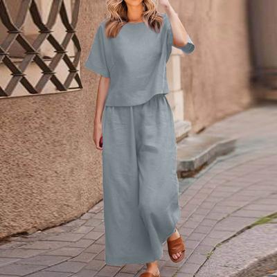 2 Pcs/Set Women Top Pants Set Round Neck Solid Color Short Sleeves T-shirt Adjustable Waist Wide Leg Trousers Casual T-shirt Trousers Set