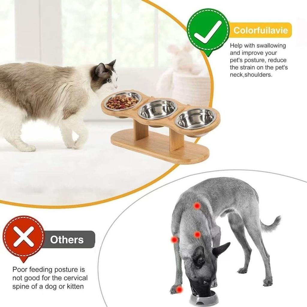 Three-tier cat feeding bowl with adjustable-angle bowls and a 15° inclined stand suitable for indoor puppies and kittens
