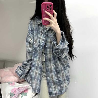 Blue Plaid Shirts Women Loose Vintage All-match Shirt Long Sleeve Spring Autumn Baggy Female Top