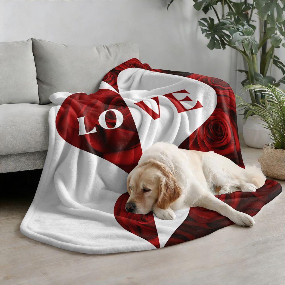 Valentine Love Heart Rose Split Print Flannel Fleece Blanket Soft Throw for Couple Wedding Gift Home Sofa Bed