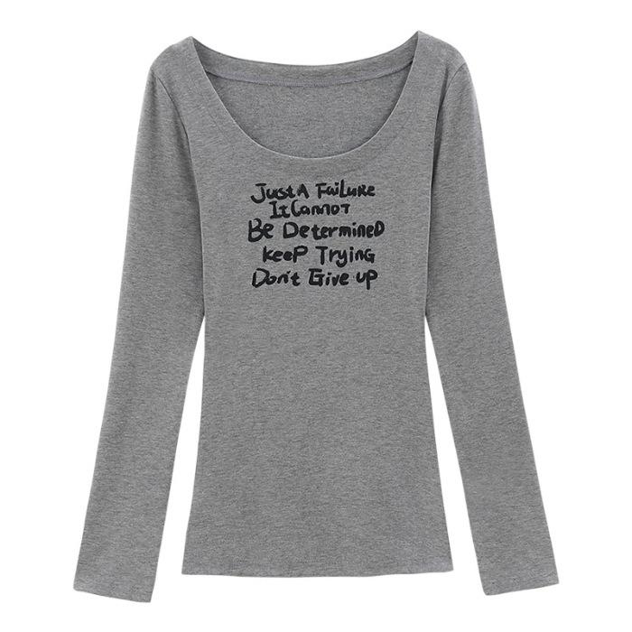 

MR [Modal Cotton] Letter Printing U-Neck Slim Long Sleeve T-Shirt Design Top Women s Early Autumn New S серый