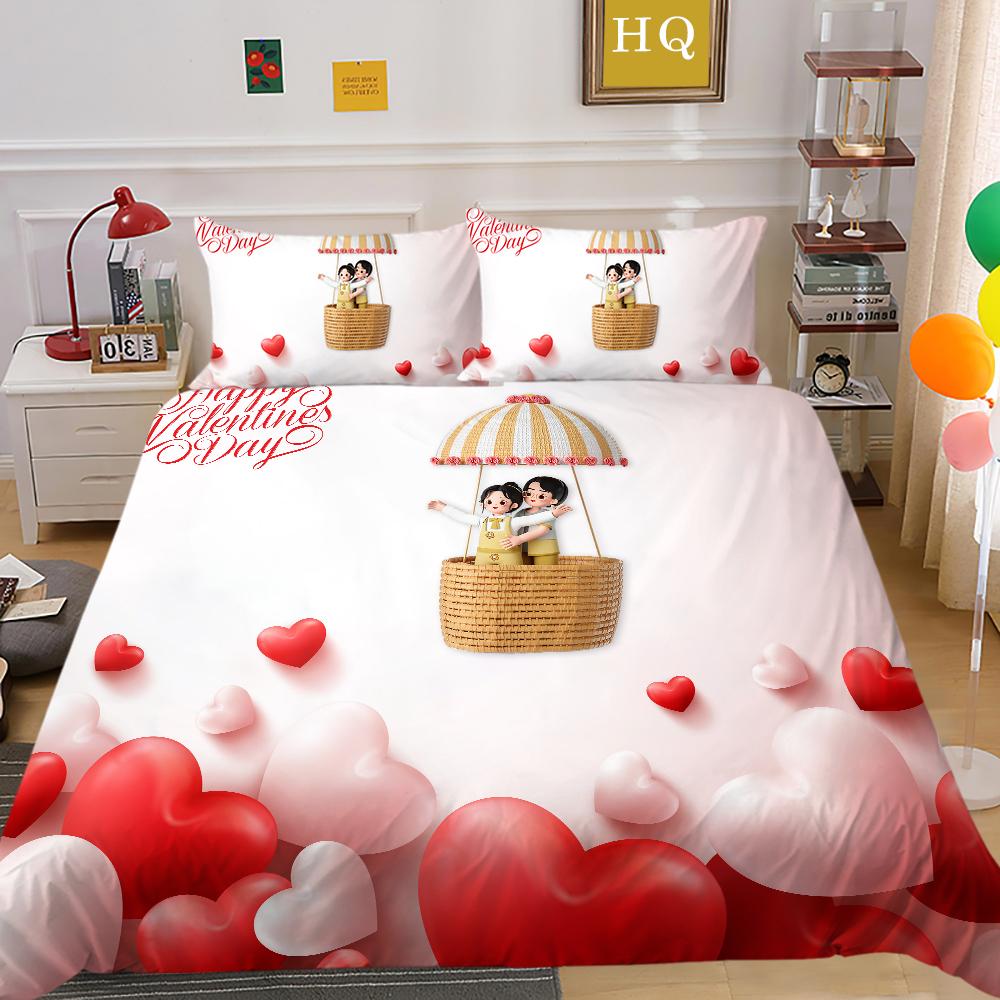 3D Valentine's Day Bedding Set King Queen Bed Duvet Cover Pillowcase 2/3pcs Newlywed Couple Duvet Cover Soft and Quick Drying Home Textile