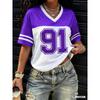 American Style Women‘s NO. 91 Print Fashion Comfortable Lightweight Breathable V-Neck Short Sleeved Baseball T-Shirt Tops Tee
