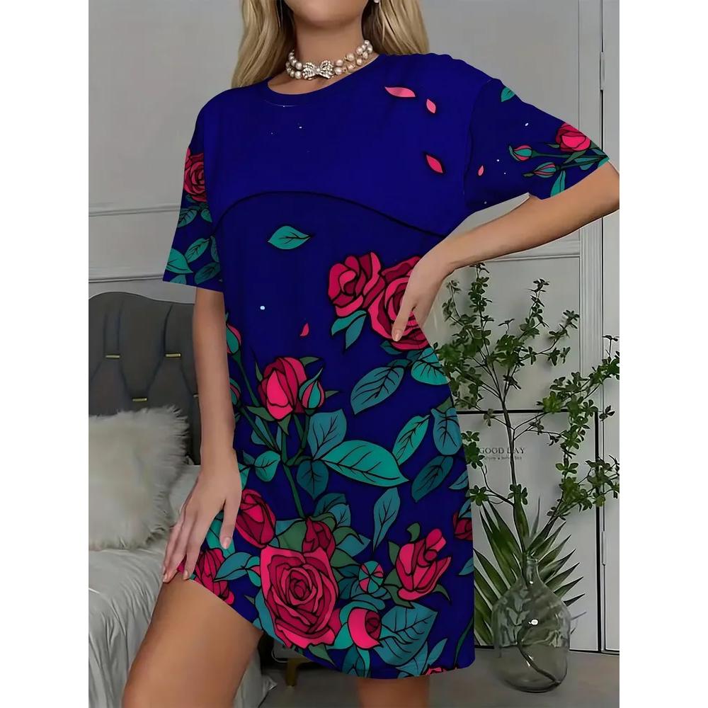 Casual Versatile T-shirt Dress Comfortable Loose Crew Neck Casual Dresses