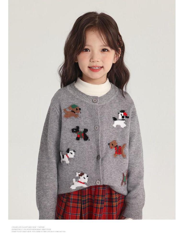Świąteczny czerwony kardigan dziewczęcy z kreskówkowym motywem świątecznym - jesienny dzianinowy sweter-płaszcz.