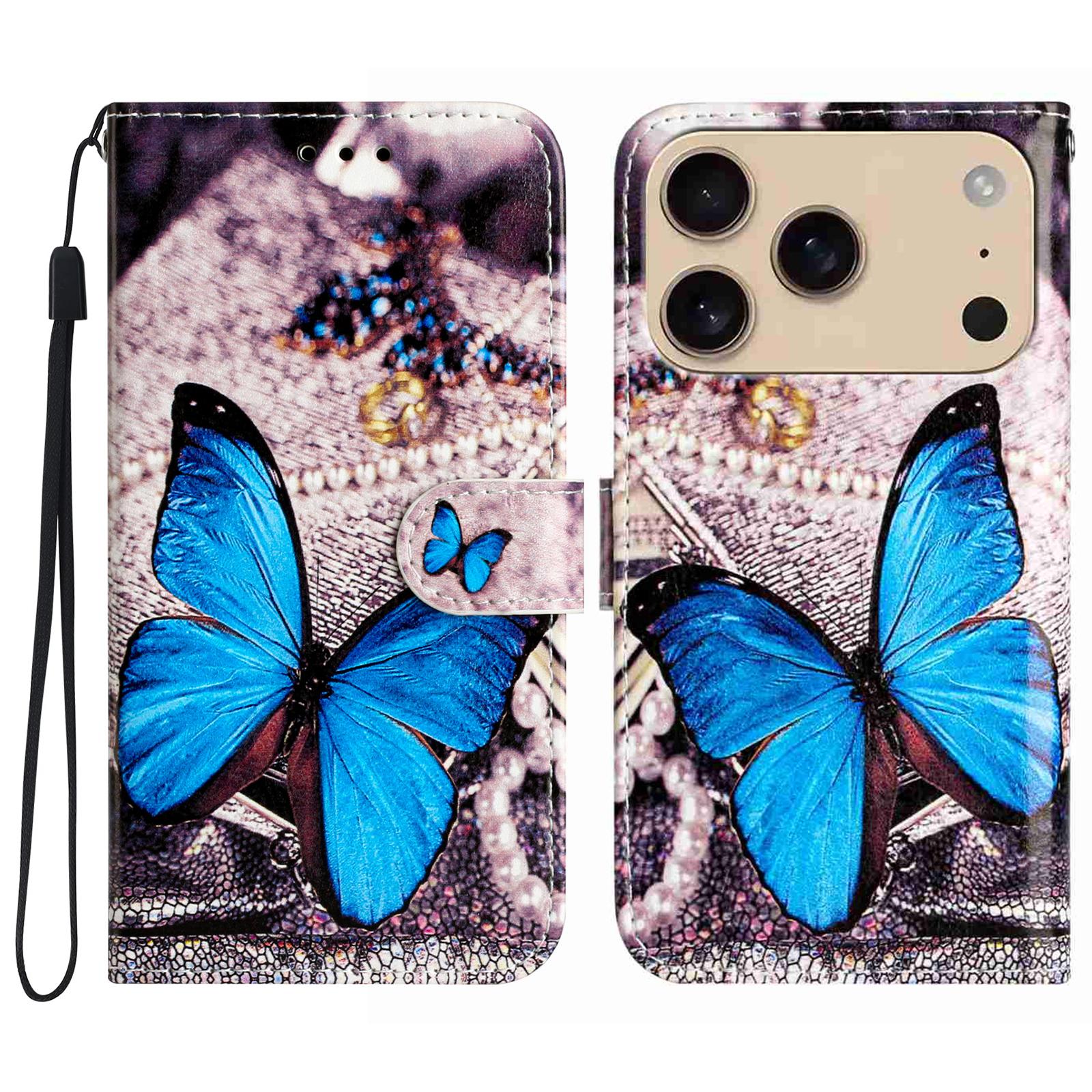 

For iPhone 17 Pro Wallet Case Printed Pattern Design Leather Phone Cover Blue Butterfly