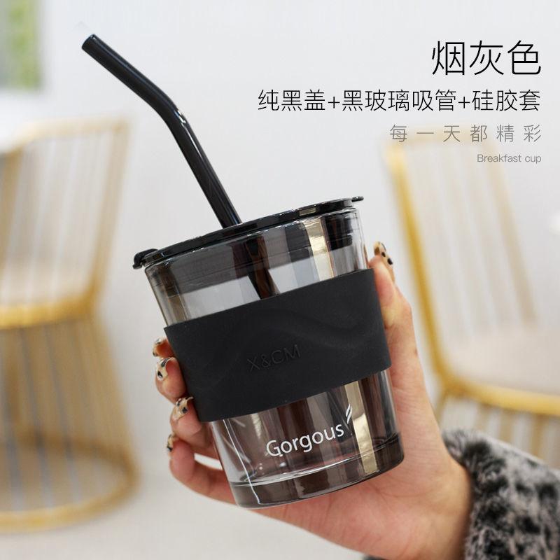 Portable Glass Cup Large Capacity Coffee Cup Straws Reusable with Lid Straw Cup Cute Coffee Mugs and Cups