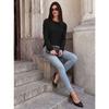 Women Loose Round Neck Pleated Puff Long Sleeve Solid Color T Shirt Top