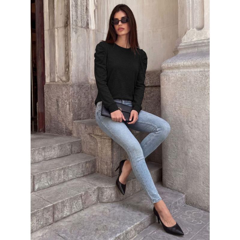 Women Loose Round Neck Pleated Puff Long Sleeve Solid Color T Shirt Top