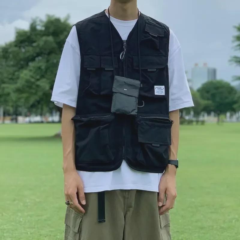 Vestă unisex la modă, fără mâneci, cu buzunare multiple - Toamna 2023, stil coreean și japonez