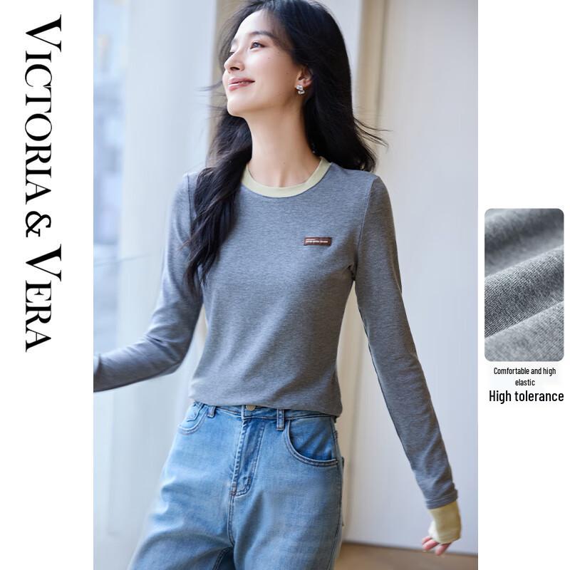 

VICTORIA&VERA Women s Color-Block Faux Two-Piece Long-Sleeve Top L