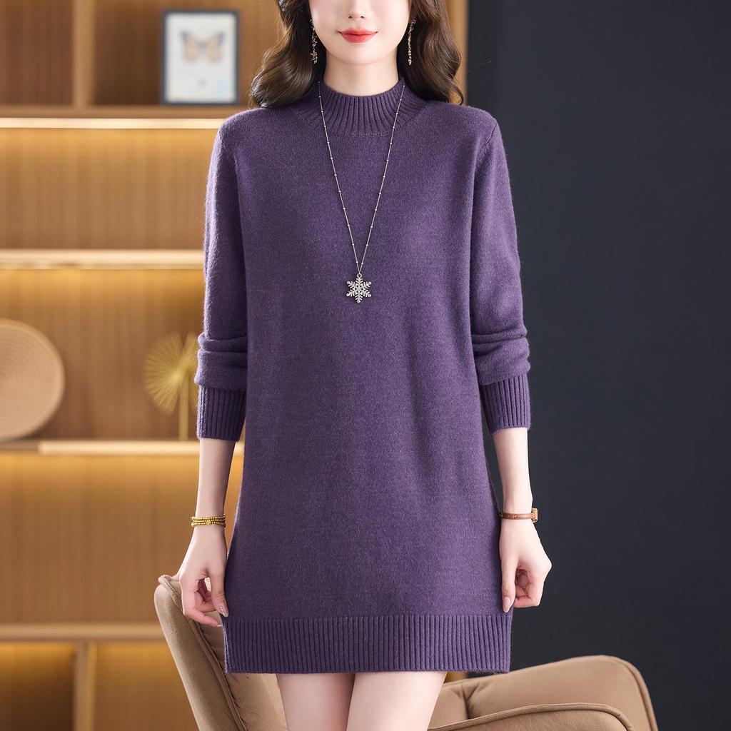2025 Women's Stylish Loose High Neck Knit Sweater Dress - Mid-Length, Winter Inner Layer for Moms
