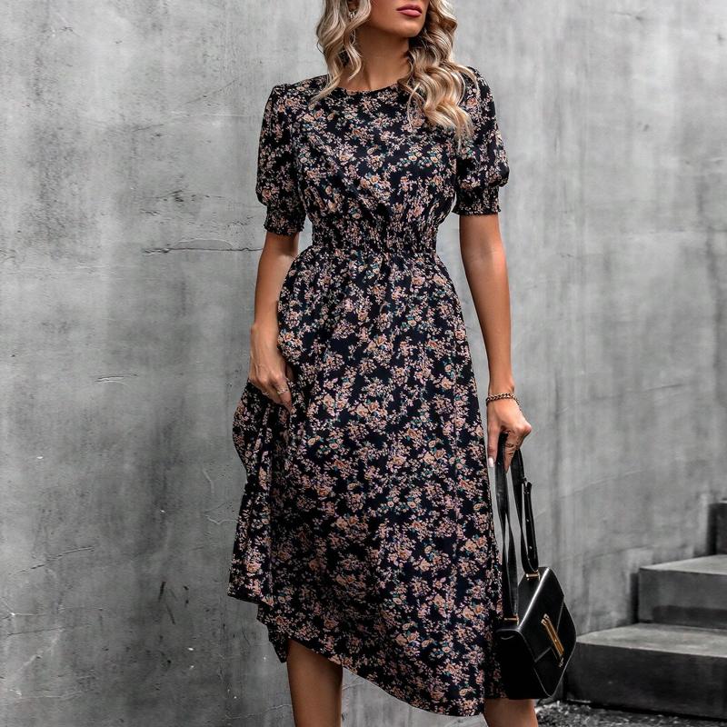 

Женские платья 2025 Лето Короткие рукава О-образный вырез Принт Черное женское платье J887 XL