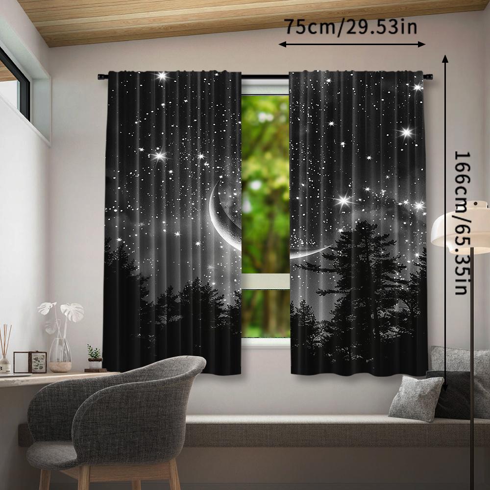 2pcs Forest Starry Sky Moon Night Curtains - Black Rod Pocket Window with Crescent Moon & Starry Sky Design   Perfect for Bedroom