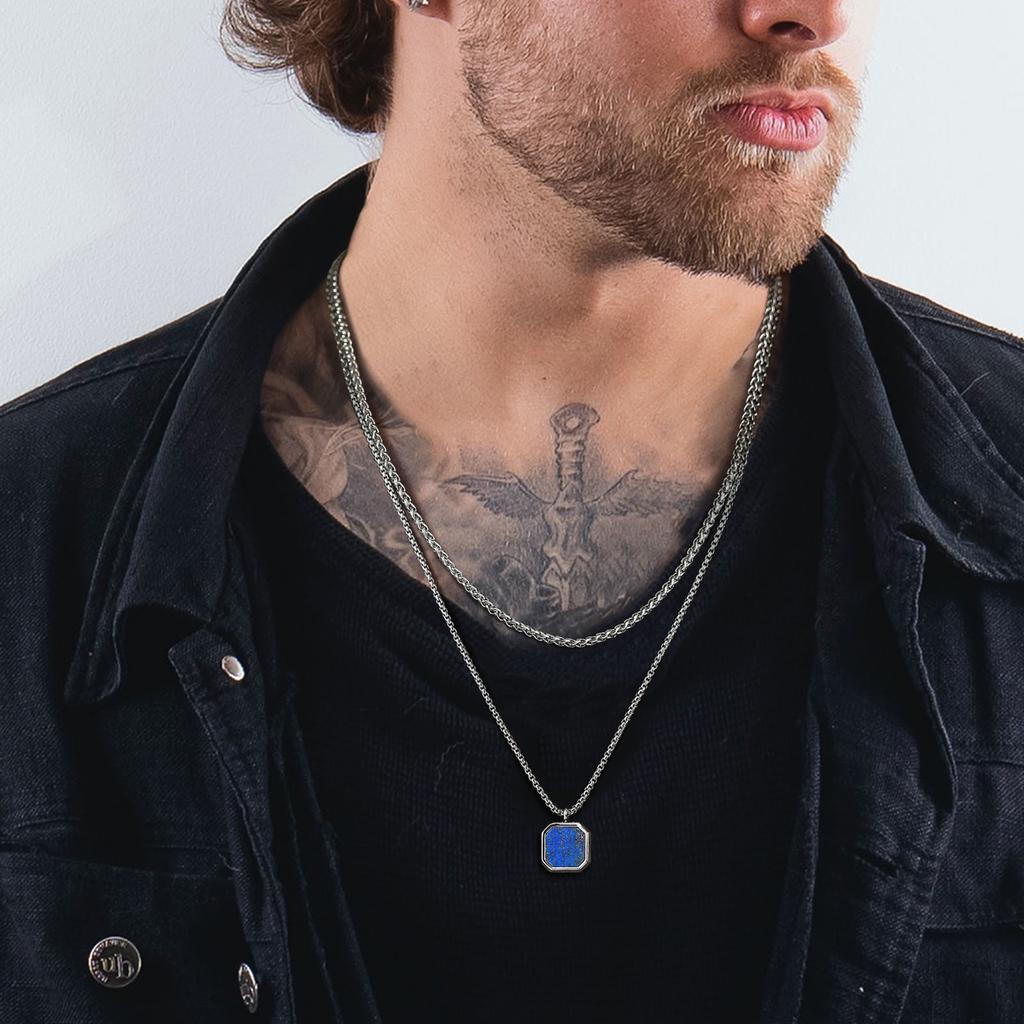Vnox Stylish Mens Geometric Necklace with Black Enamel, Stainless Steel Metal Double Layered Chain Collar, Unique Gifts for Men