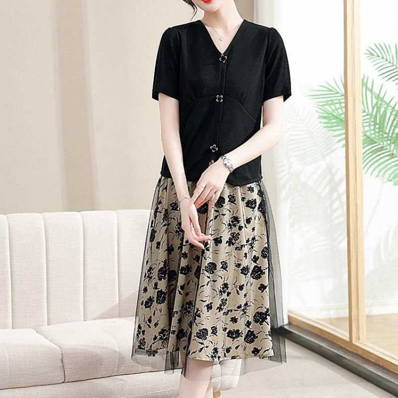 Middle-aged printed fashion suit mesh skirt summer dress new mother French slim temperament two-piece dress