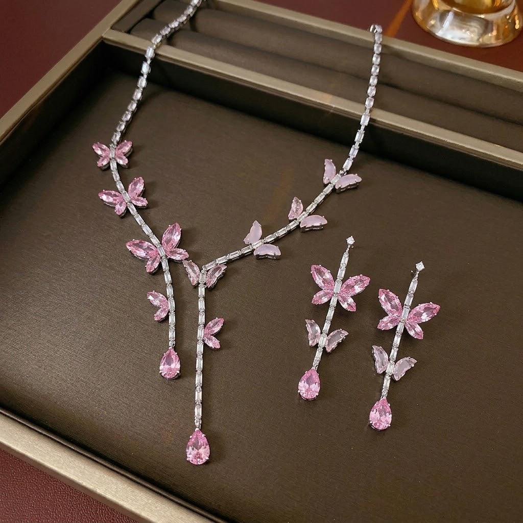 Cross-border Fashion Trend: Pink Butterfly Zircon Earrings & Necklace Set